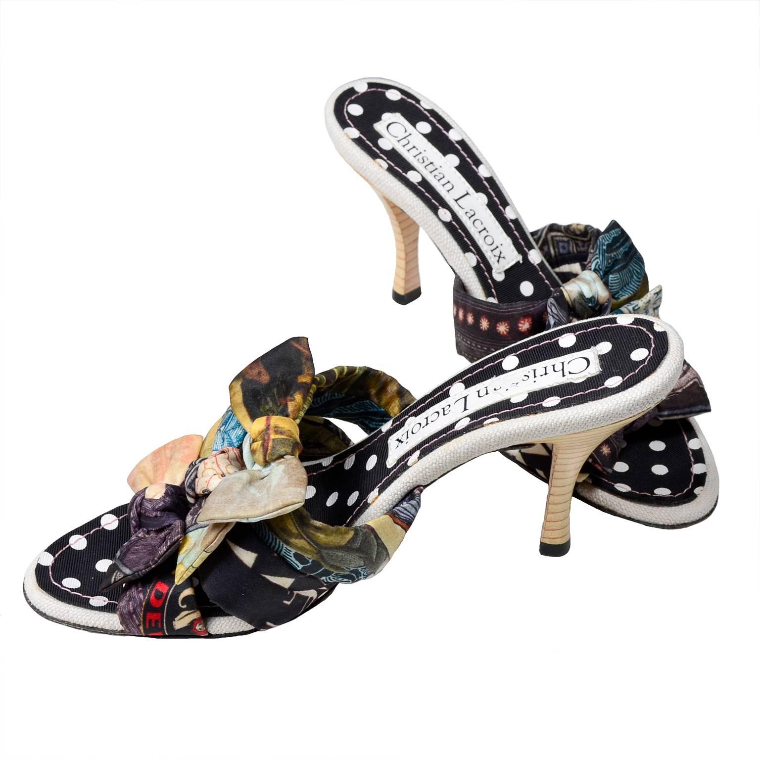 These are fabulous Christian Lacroix sandals with 3 and 1/2 inch, polka dot inner soles and 3 patterned bows.  These vintage shoes are 3 inches at the widest part of the outside of the sole and are labeled a size 35.5. These appear to have been