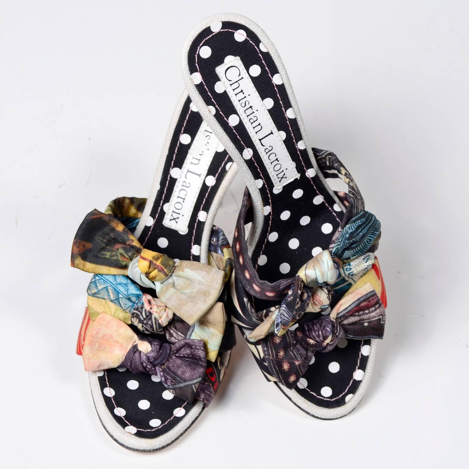 Women's Vintage Christian Lacroix Multi Colored Fabric Bow Shoes 3.5 