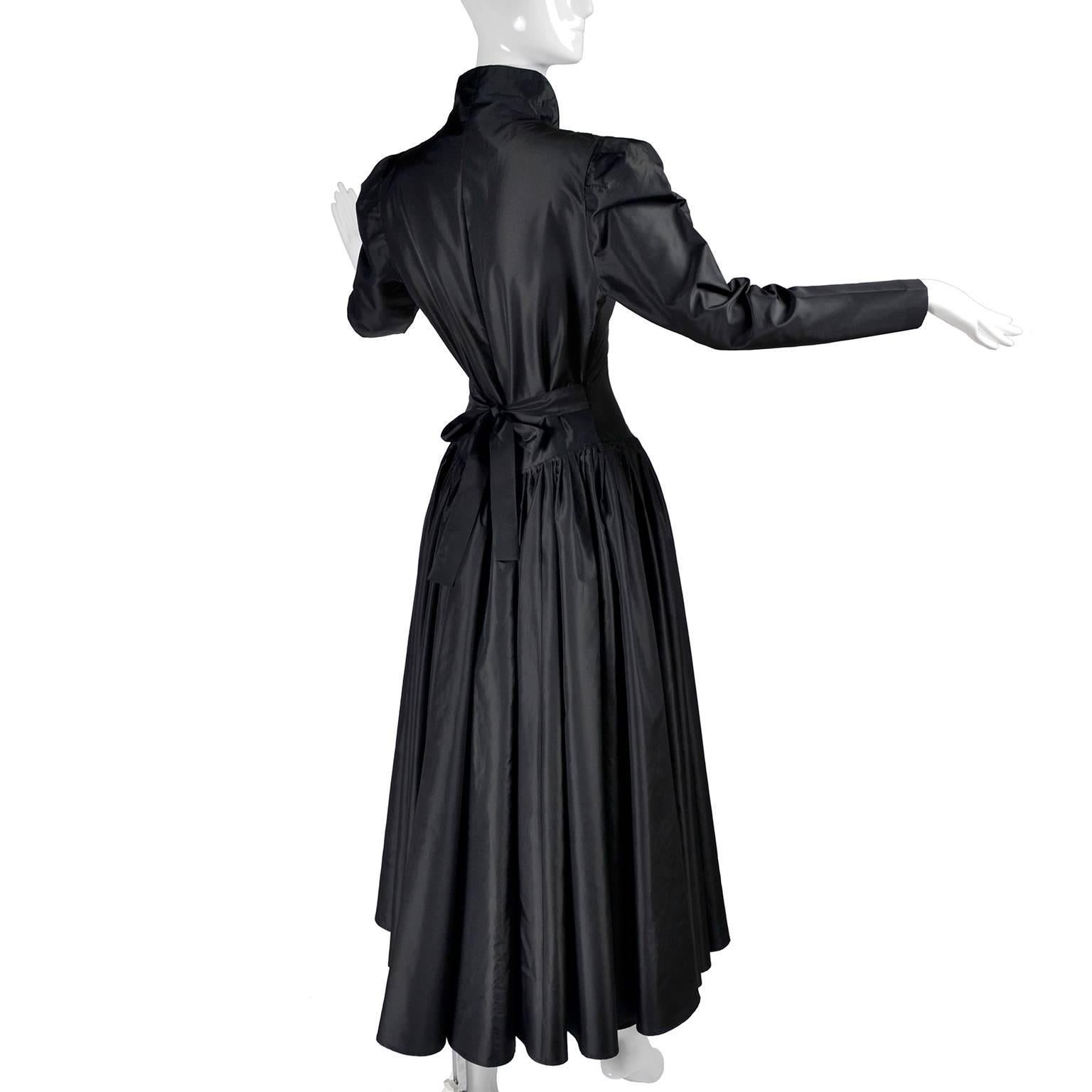 Vintage 1980s Norma Kamali Victorian Style Dress in Black Satin Taffeta Size 6 1