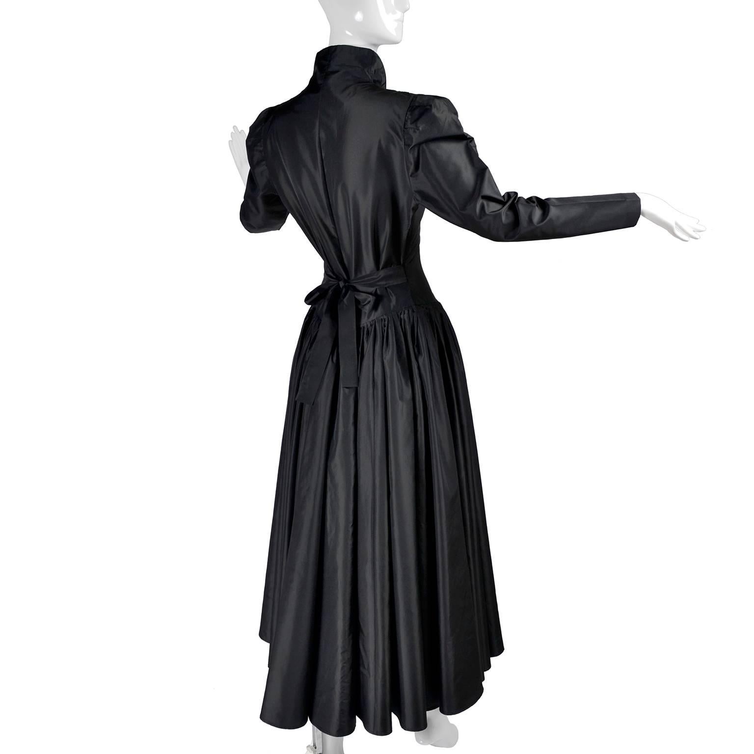 Vintage 1980s Norma Kamali Victorian Style Dress in Black Satin Taffeta Size 6 For Sale 1