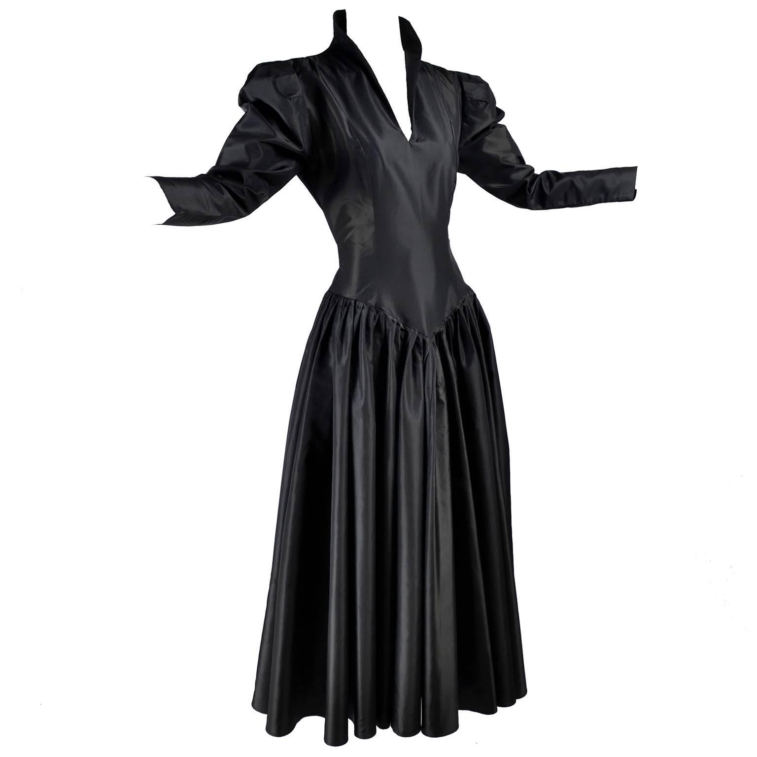 Vintage 1980s Norma Kamali Victorian Style Dress in Black Satin Taffeta Size 6