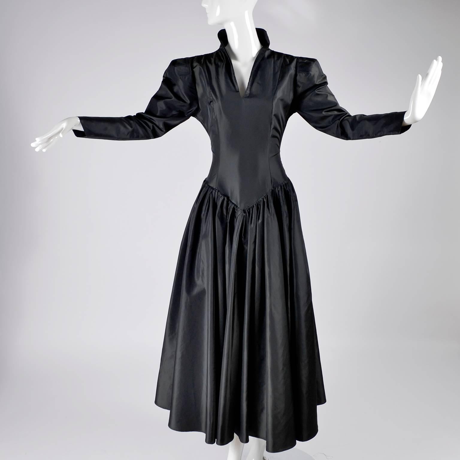 Women's Vintage 1980s Norma Kamali Victorian Style Dress in Black Satin Taffeta Size 6 For Sale