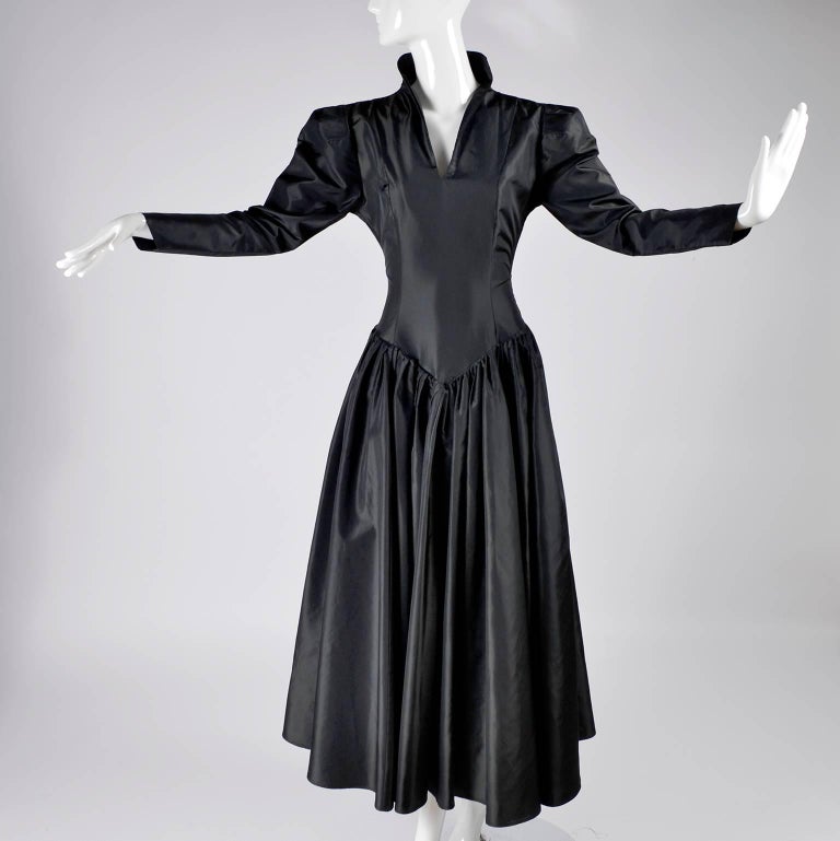 Vintage 1980s Norma Kamali Victorian Style Dress in Black Satin Taffeta Size 6 3