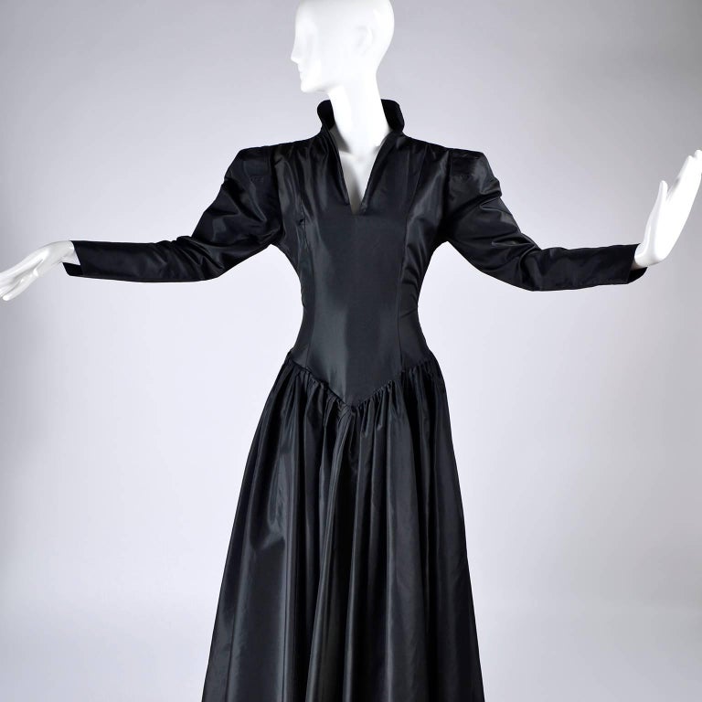 Vintage 1980s Norma Kamali Victorian Style Dress in Black Satin Taffeta Size 6 1