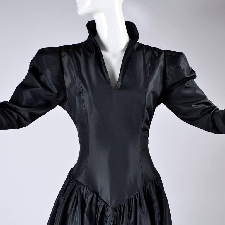 Women's Vintage 1980s Norma Kamali Victorian Style Dress in Black Satin Taffeta Size 6