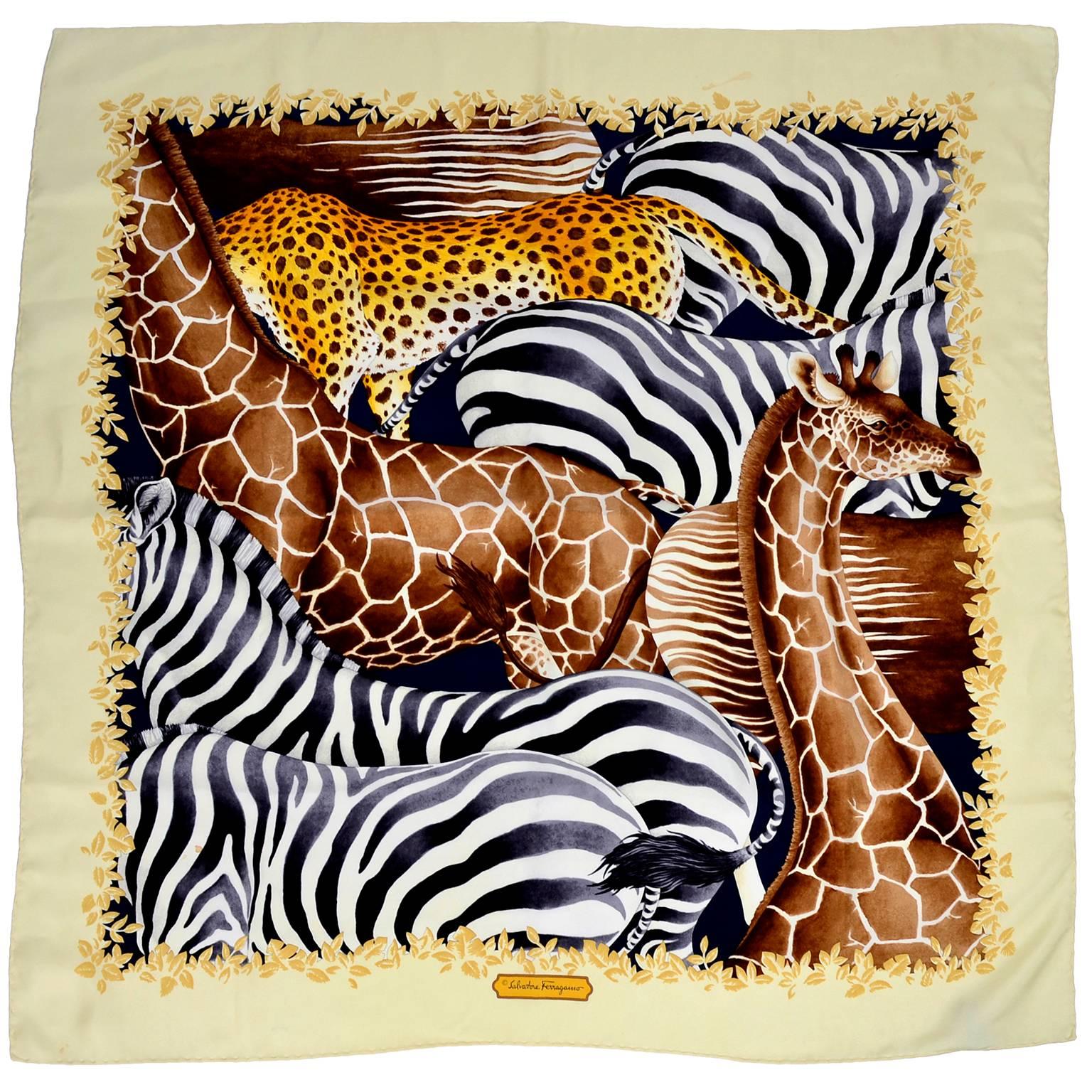 Vintage Salvatore Ferragamo Silk Scarf in Giraffe Zebra Leopard Print Pattern 
