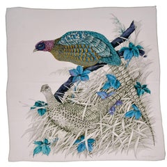 Retro Salvatore Ferragamo Scarf in Silk Print with Pheasants and Blue Flowers