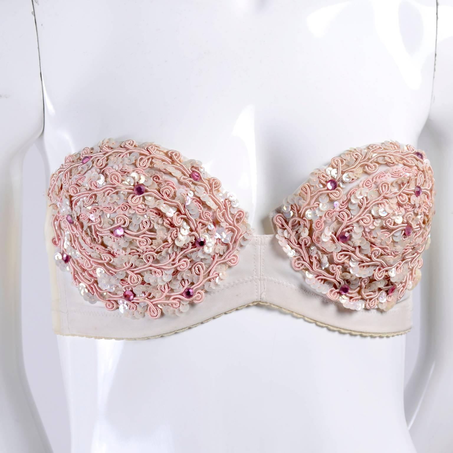 Beige Cher Owned Pink Strapless Sequin Bra With Cher's Autograph inside Of Cup