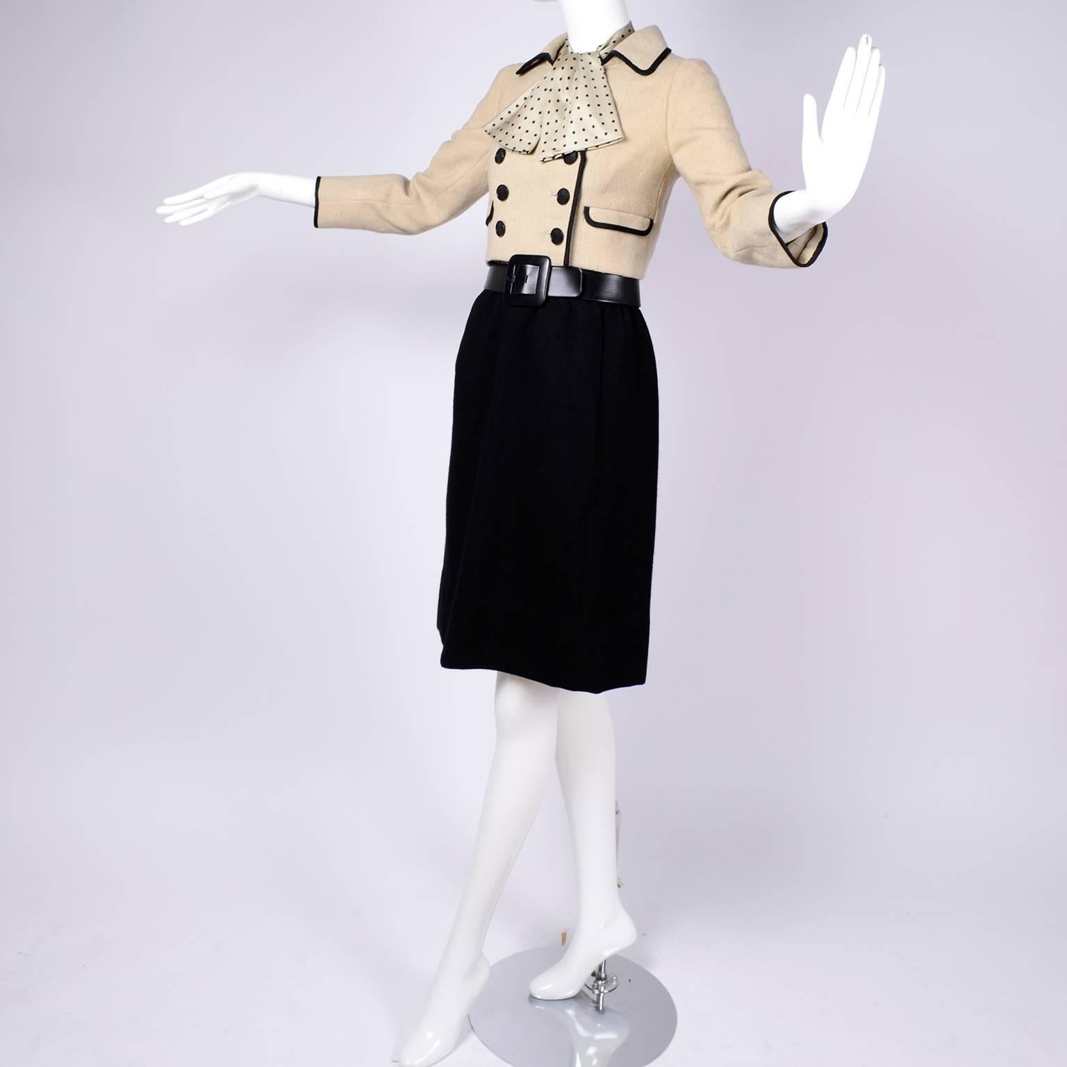 Beige Norman Norell Skirt Jacket and Silk Polka Dot Bow Blouse Suit, 1960s Provenance