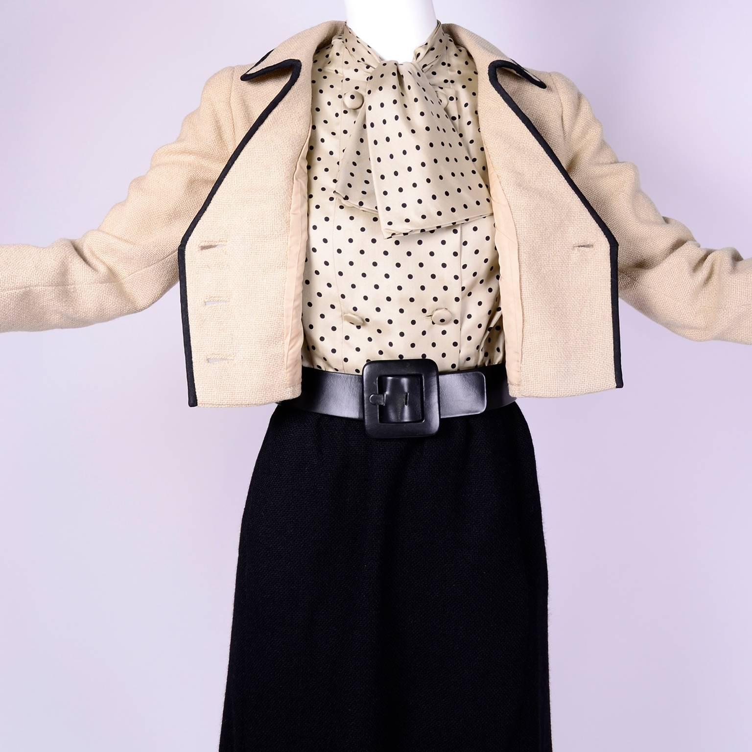 Women's Norman Norell Skirt Jacket and Silk Polka Dot Bow Blouse Suit, 1960s Provenance