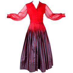 Jean Louis Vintage Red / Gray Taffeta and Red Chiffon Dress with Belt, 1970s 