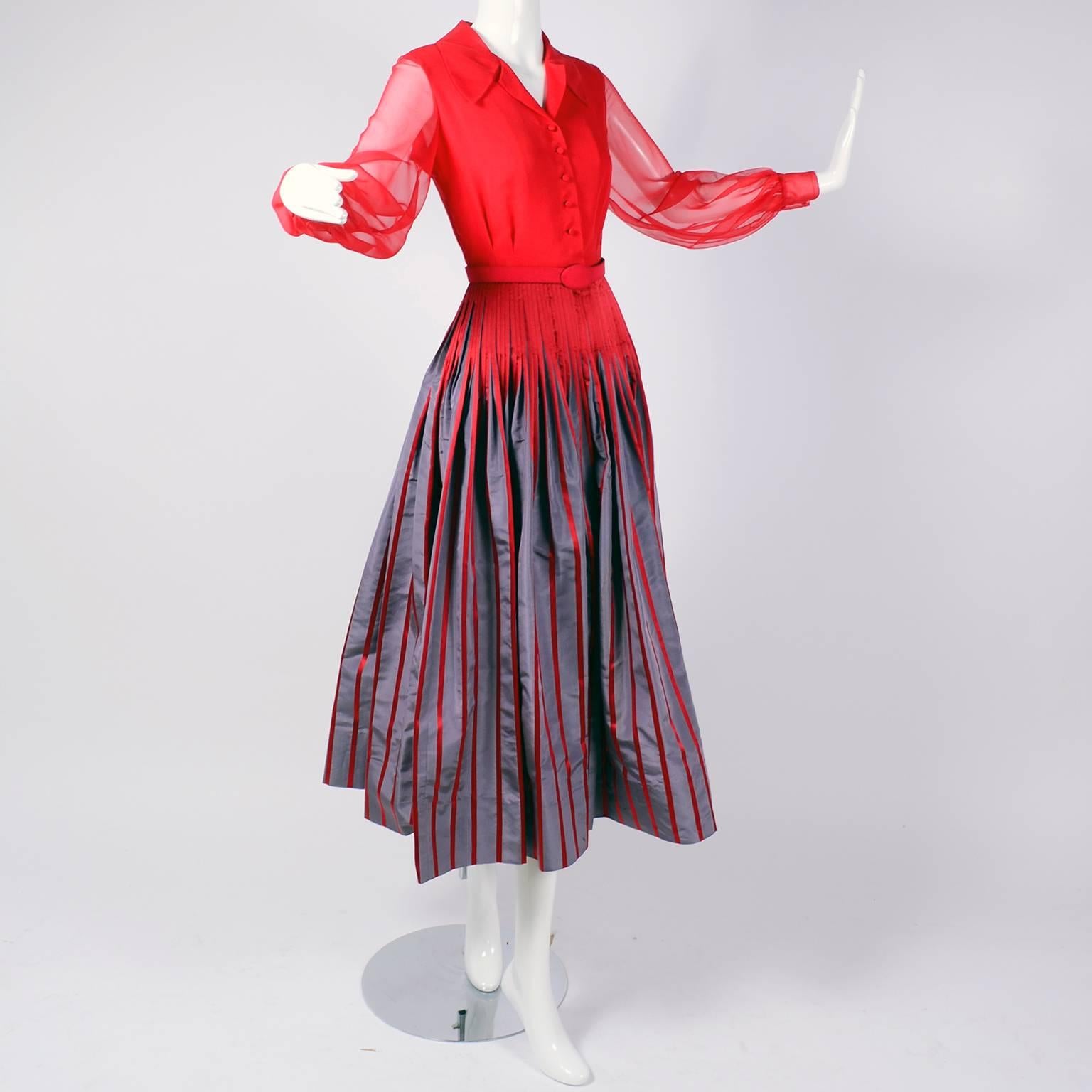 Jean Louis Vintage Red / Gray Taffeta and Red Chiffon Dress with Belt, 1970s  3