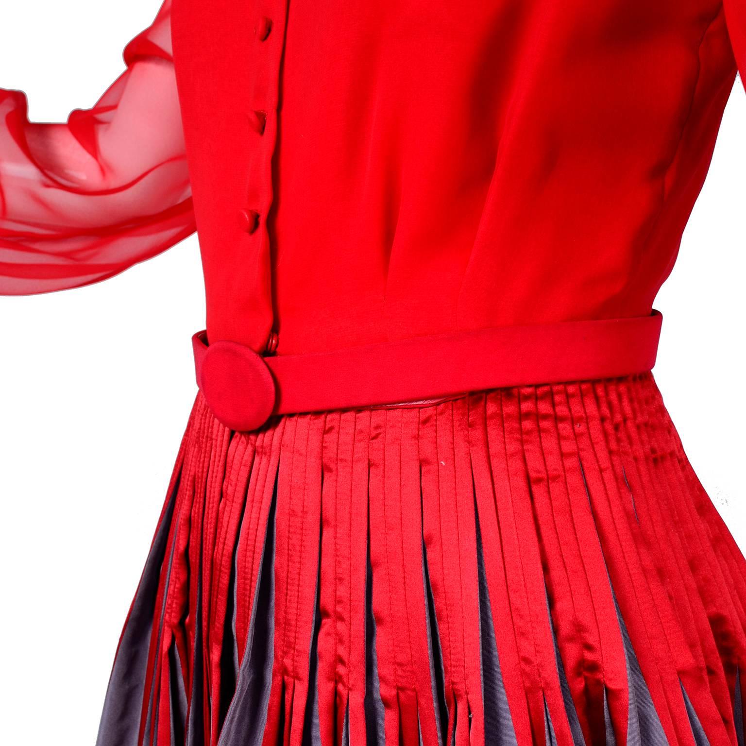 Jean Louis Vintage Red / Gray Taffeta and Red Chiffon Dress with Belt, 1970s  In Excellent Condition In Portland, OR