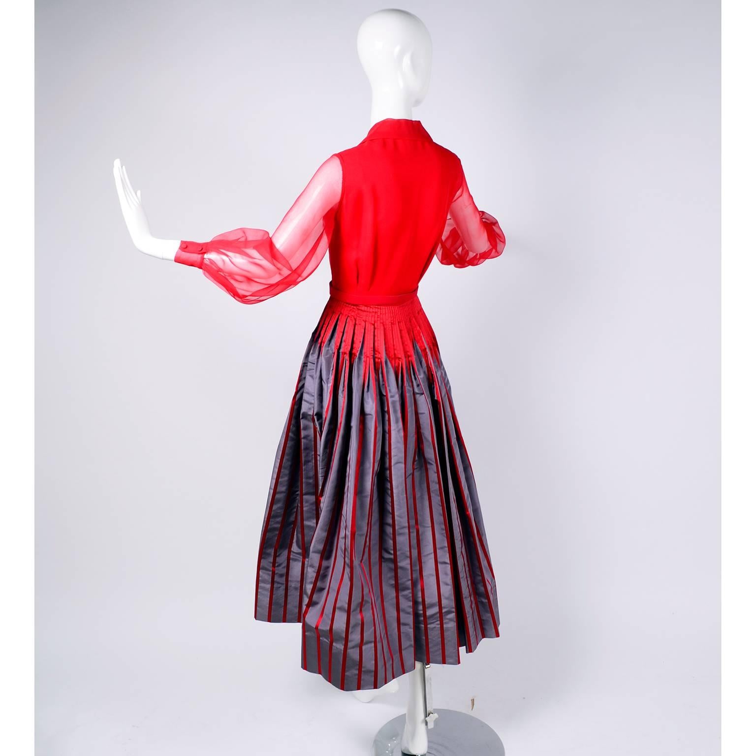 Women's Jean Louis Vintage Red / Gray Taffeta and Red Chiffon Dress with Belt, 1970s 