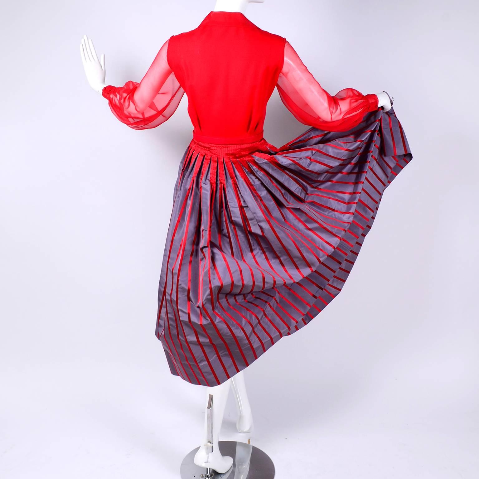 Jean Louis Vintage Red / Gray Taffeta and Red Chiffon Dress with Belt, 1970s  6