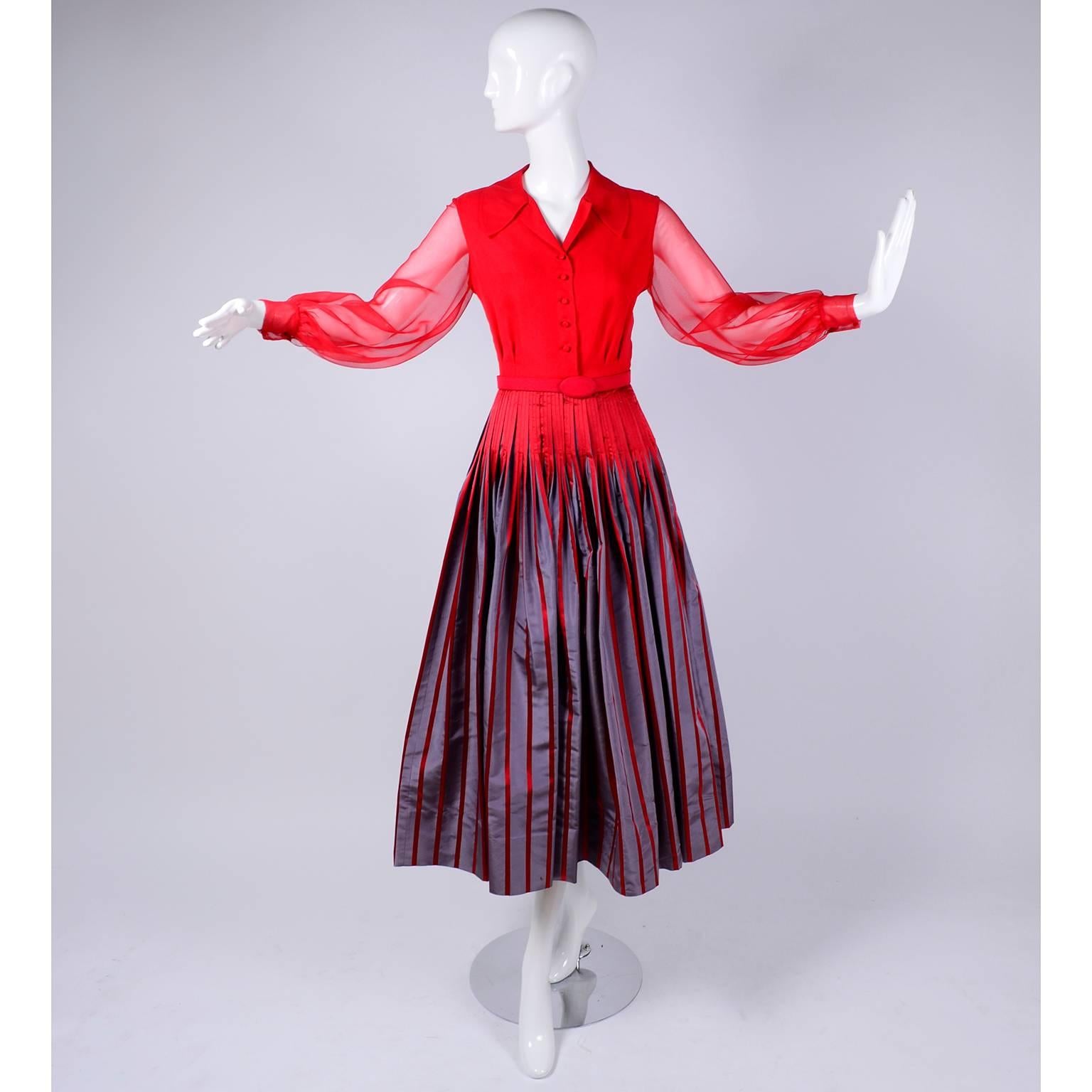 Jean Louis Vintage Red / Gray Taffeta and Red Chiffon Dress with Belt, 1970s 1