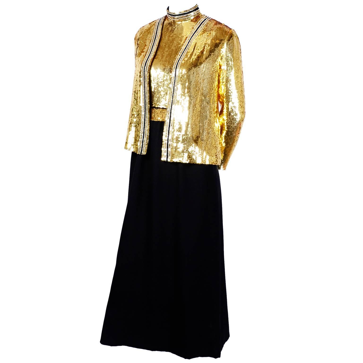 Vintage Gold Sequin Norman Norell Vintage Dress & Jacket Evening Ensemble 8