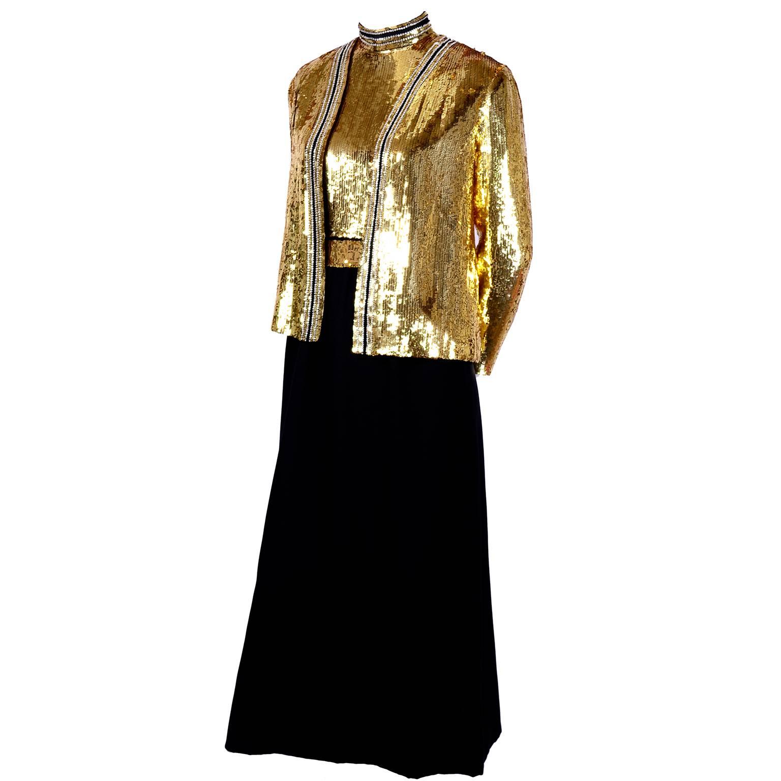 Women's Vintage Gold Sequin Norman Norell Vintage Dress & Jacket Evening Ensemble