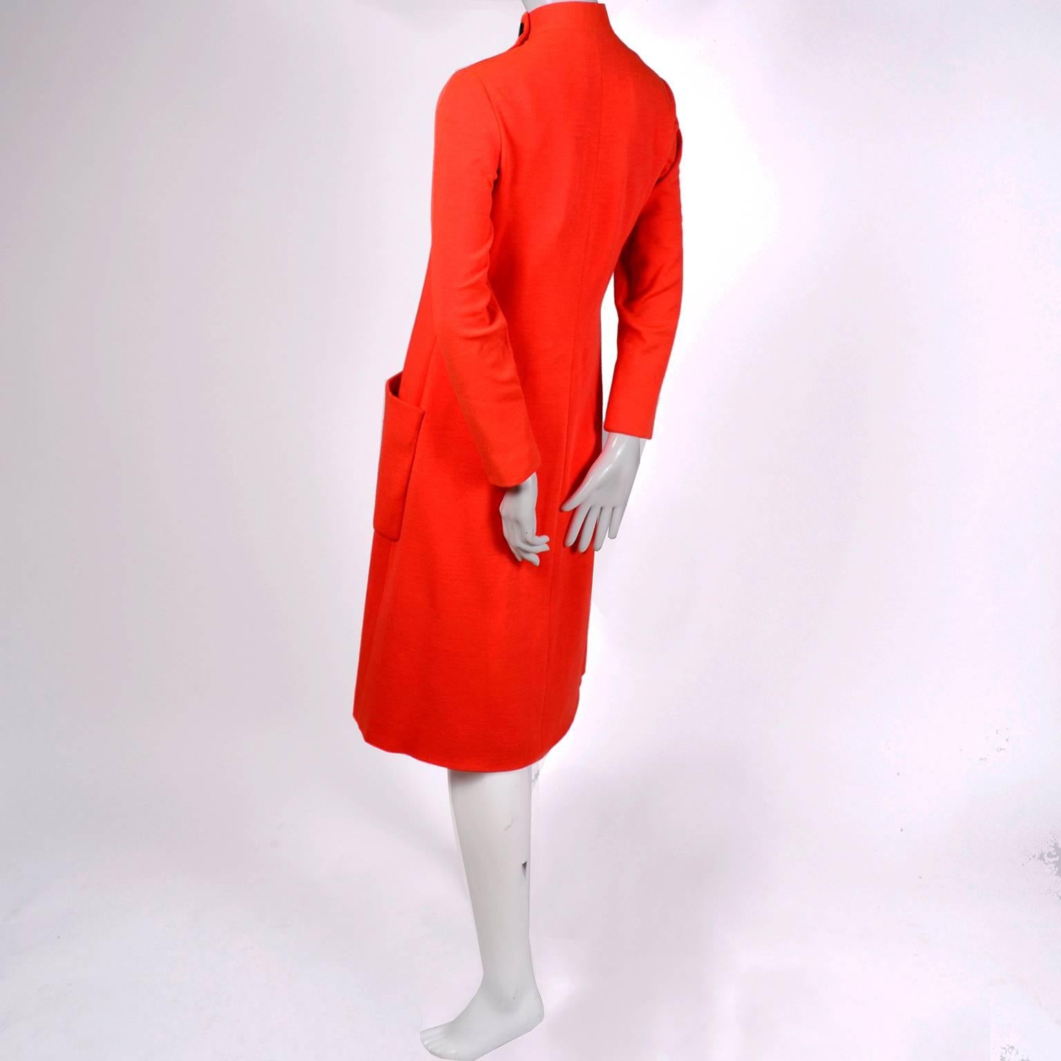 1960s Norman Norell Dress in Tangerine Orange Knit Patch Pockets & Belt Size 8 In Good Condition In Portland, OR