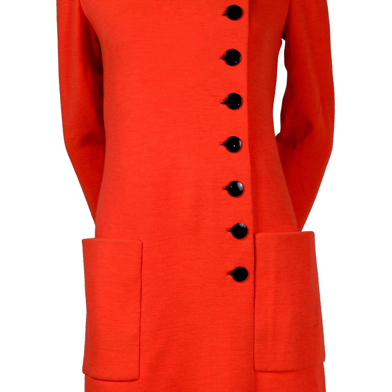 1960s Norman Norell Dress in Tangerine Orange Knit Patch Pockets & Belt Size 8 2
