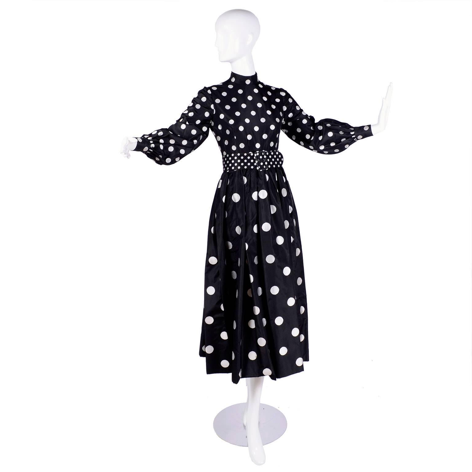 1960s Norman Norell Vintage Dress in Black Taffeta W/ Polka Dots w/ Provenance 5