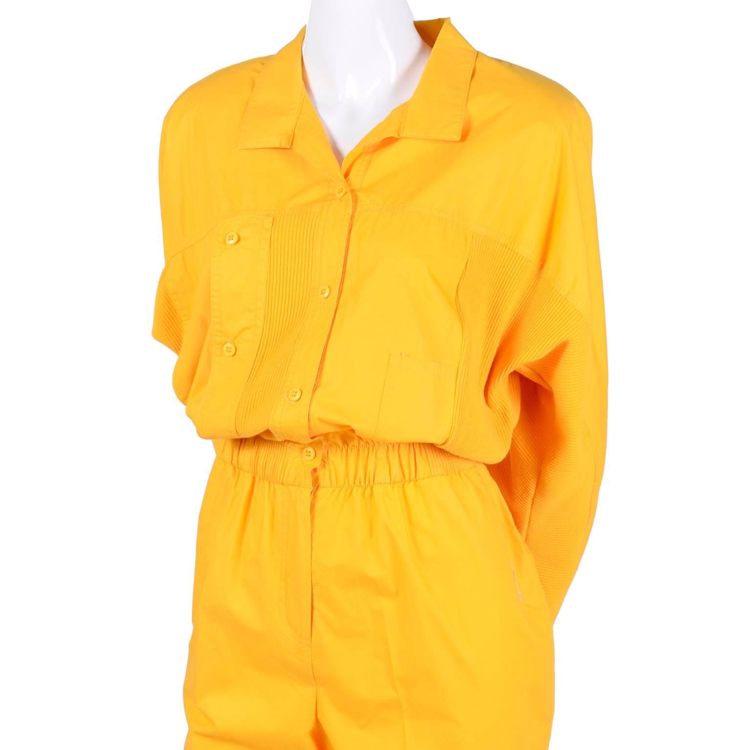 This vintage yellow jumpsuit is right on trend this year and was made by Saint Germain Paris in the 1980's.  We love vintage jumpsuits and this one is in amazing condition and has so much style. The jumpsuit is cotton with cotton knit ribbing on the