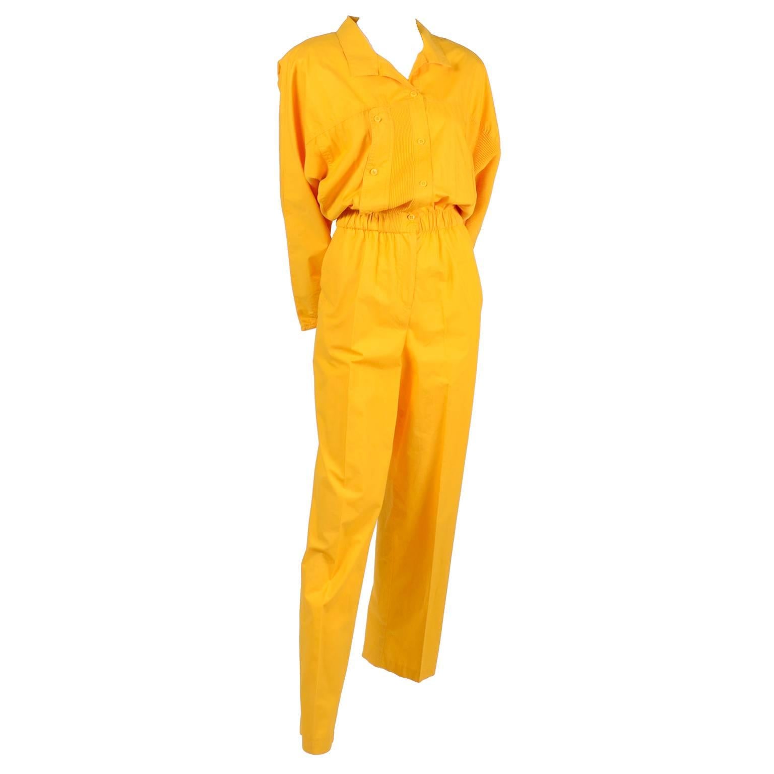 1980s Saint Germain Paris Vintage Jumpsuit in Yellow Cotton With Pockets 8/10