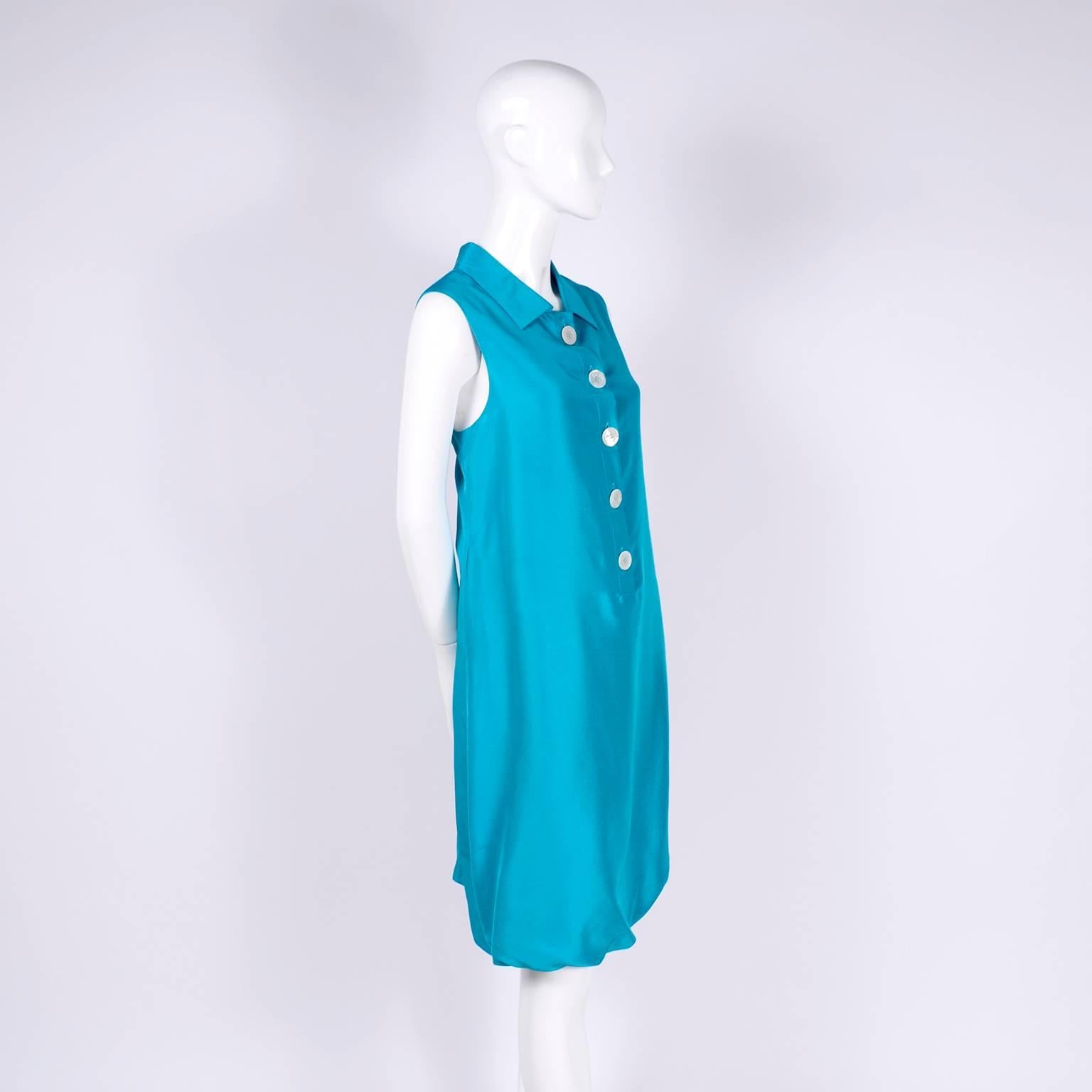 Oscar de la Renta Blue Turquoise Sleeveless Silk Dress W Bubble Hem Resort 2009 For Sale 5