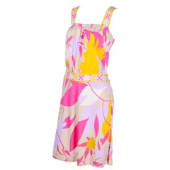Pucci Rayon Jersey Leaf Floral Print Dress in Pink Cream Yellow and Lavender 10