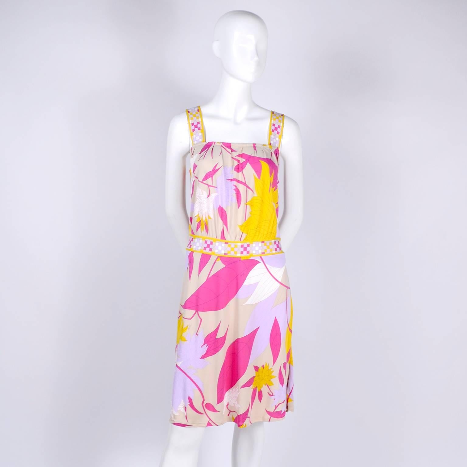Pucci Rayon Jersey Leaf Floral Print Dress in Pink Cream Yellow and Lavender 10 1