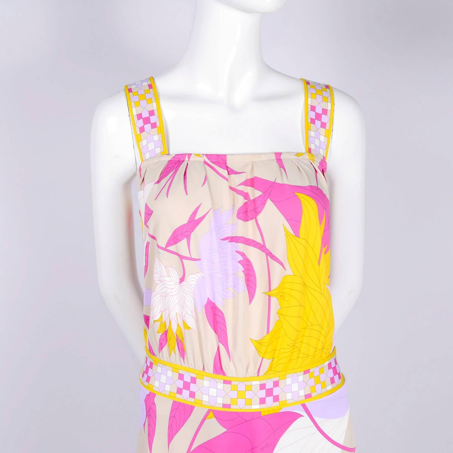 Pucci Rayon Jersey Leaf Floral Print Dress in Pink Cream Yellow and Lavender 10 8