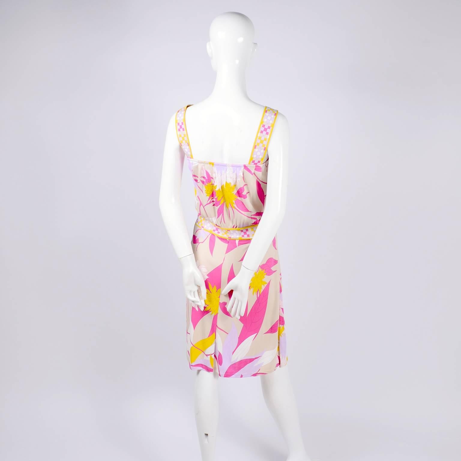 Women's or Men's Pucci Rayon Jersey Leaf Floral Print Dress in Pink Cream Yellow and Lavender 10