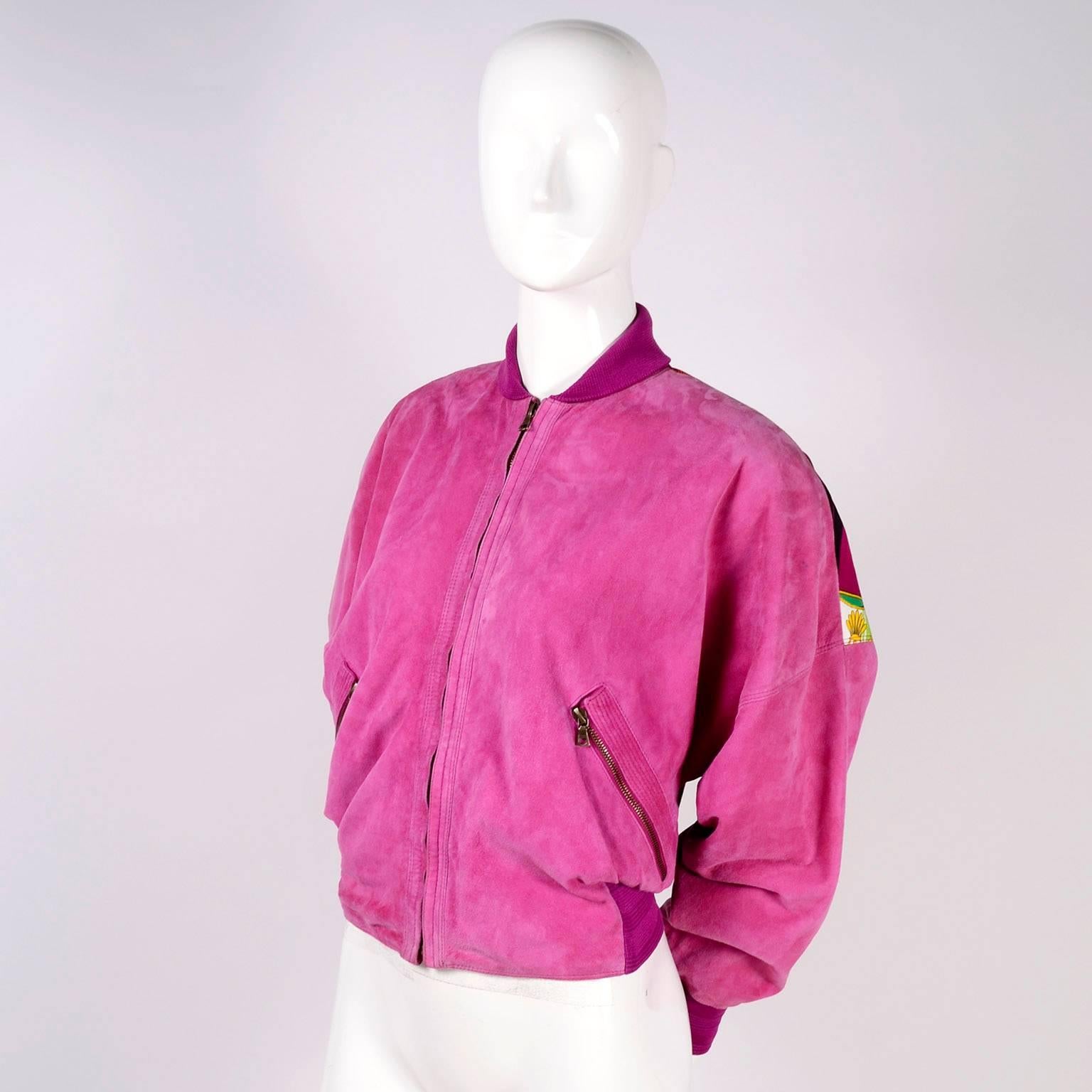 Gianni Versace Pink Suede and Reversible Silk Novelty Print Jacket, 1980s  In Excellent Condition In Portland, OR