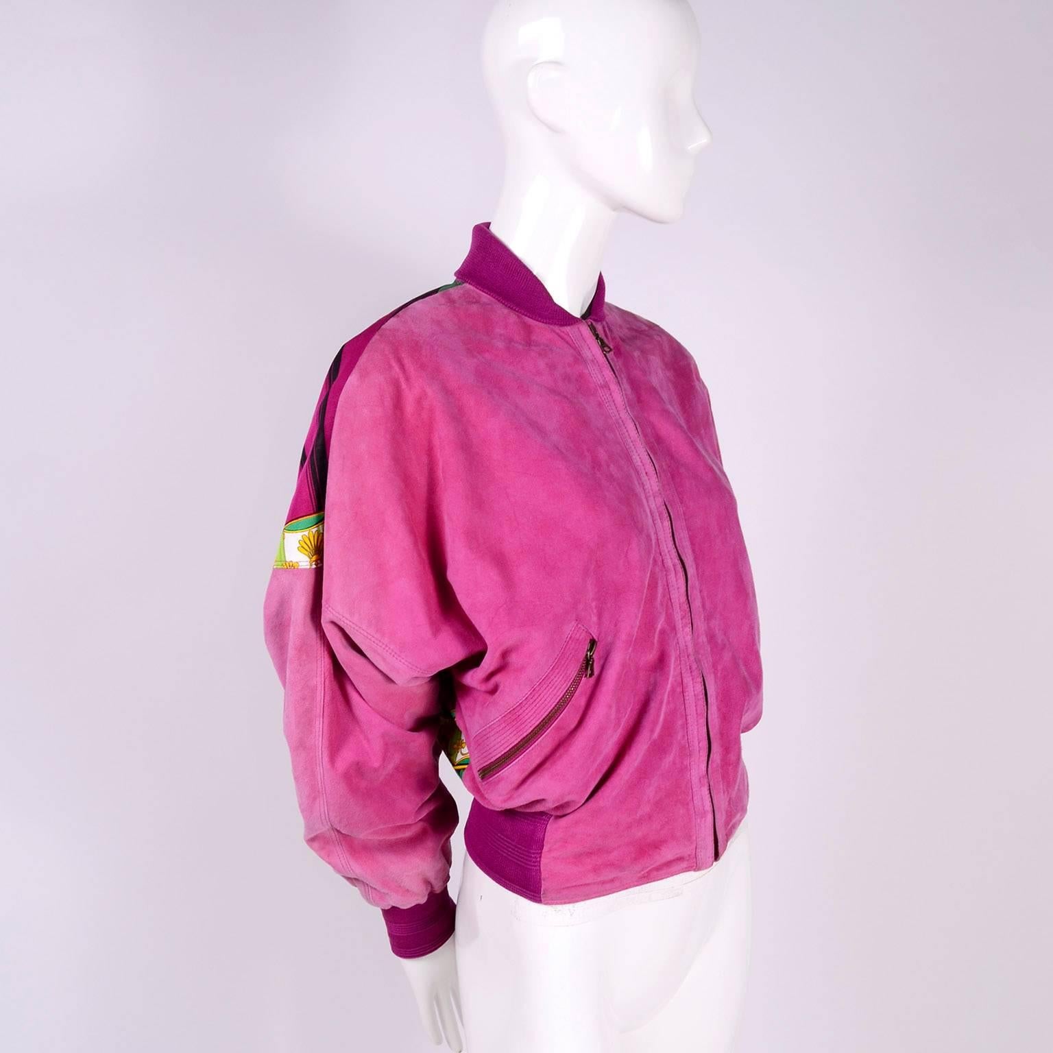 Women's or Men's Gianni Versace Pink Suede and Reversible Silk Novelty Print Jacket, 1980s