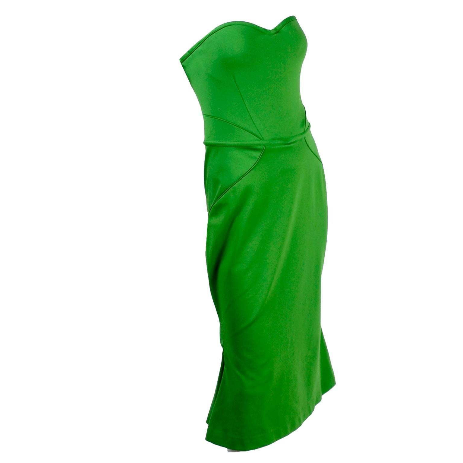 Zac Posen Strapless Dress in Green W Sweetheart Bodice Hourglass Shape & Corset