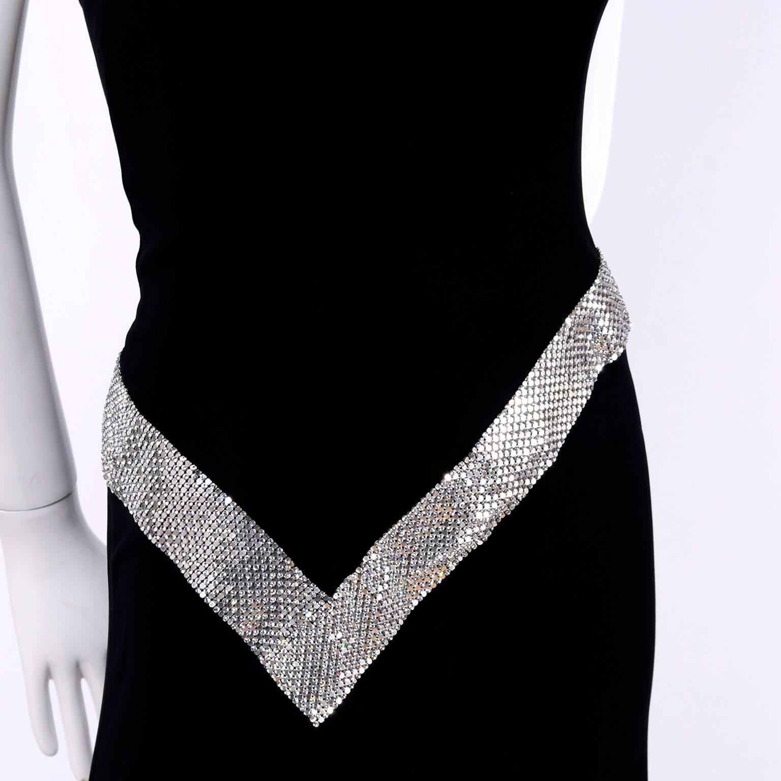 Jiki Monte Carlo Dress Long Black Evening Gown W Rhinestones and Metal Mesh 6 In Excellent Condition In Portland, OR