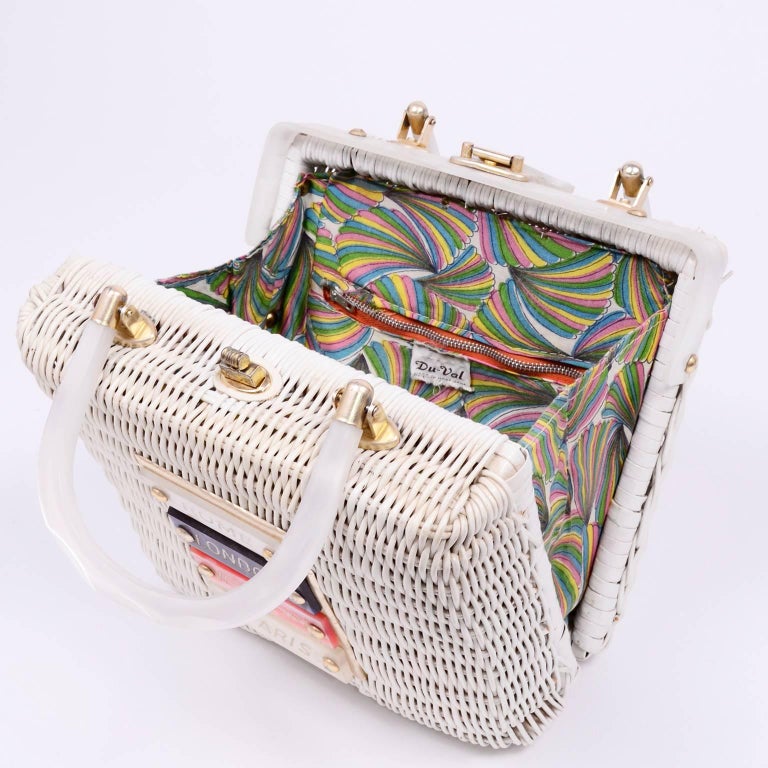 60s Novelty White Wicker Handbag w/ Lucite Rome London New York and