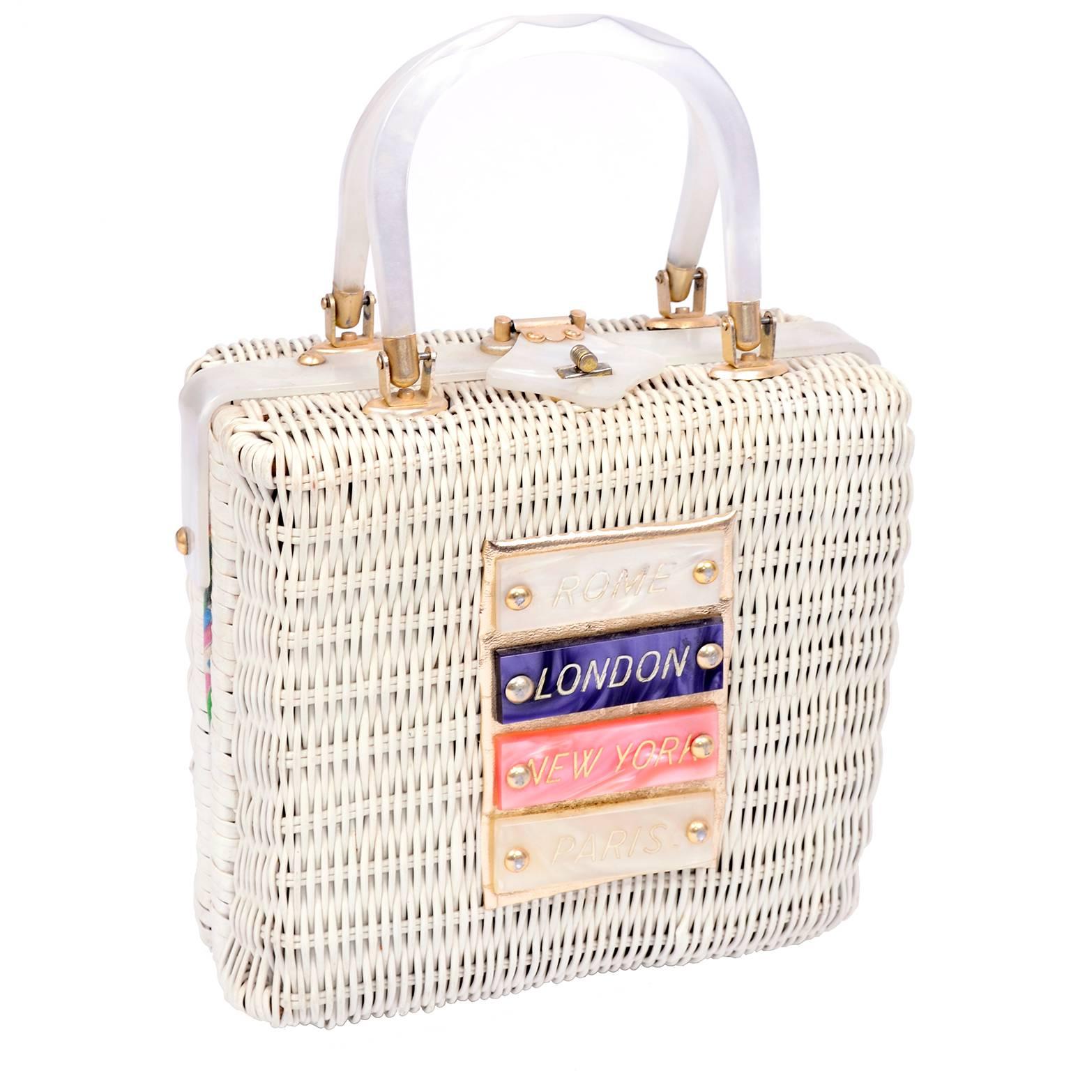 60s Novelty White Wicker Handbag w/ Lucite Rome London New York & Paris Plaques