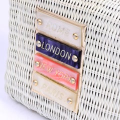 60s Novelty White Wicker Handbag w/ Lucite Rome London New York & Paris Plaques