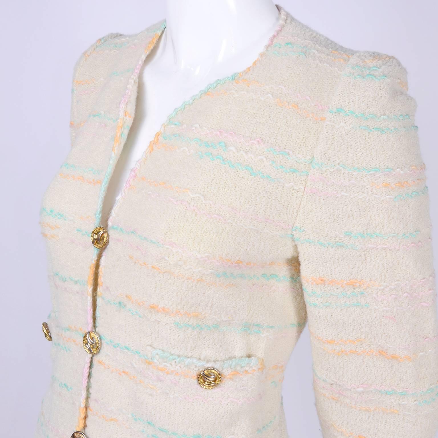 1970s Adolfo Vintage Skirt & Jacket Suit W/ Matching Handbag in Cream Boucle 2