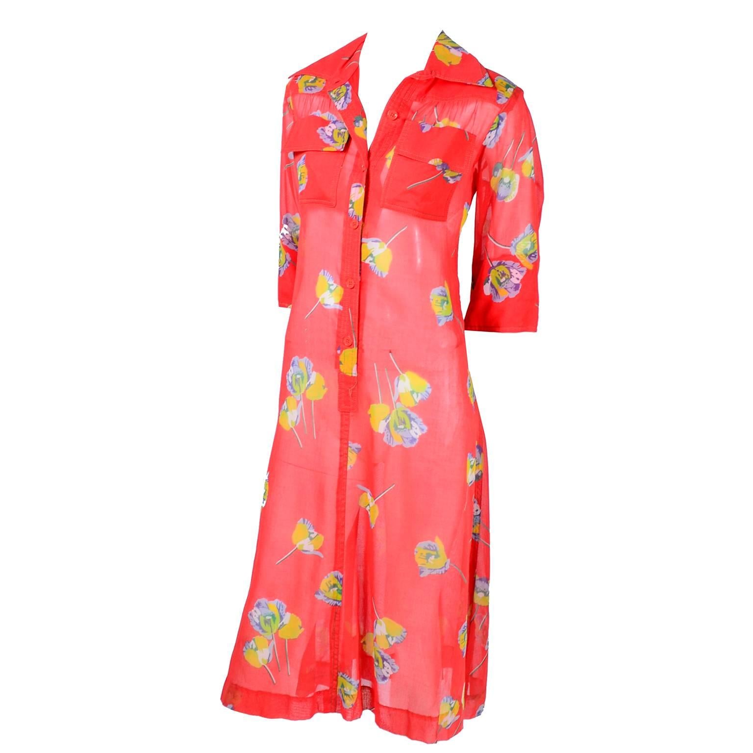 1970s Vintage Albert Nipon Dress in Red Floral Voile Purple 
Yellow Flowers