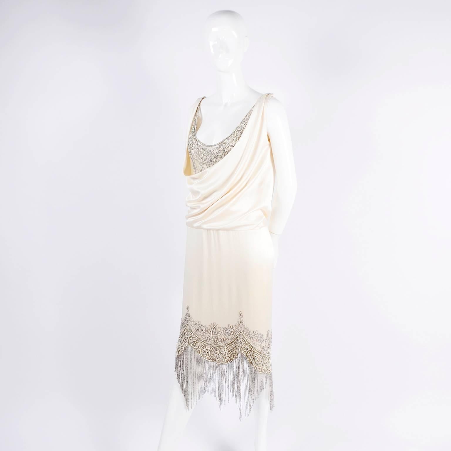 Beige Alexander McQueen Ivory Silk Embroidered Beaded Dress with Fringe, 2007 