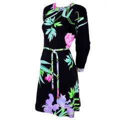 Leonard Paris Black Silk Jersey Dress in Bold Floral Print W Belt