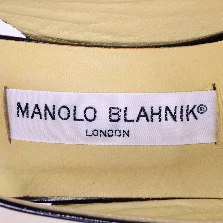 Manolo Blahnik Yellow and Cream Stripe Black Patent Leather Heeled ...