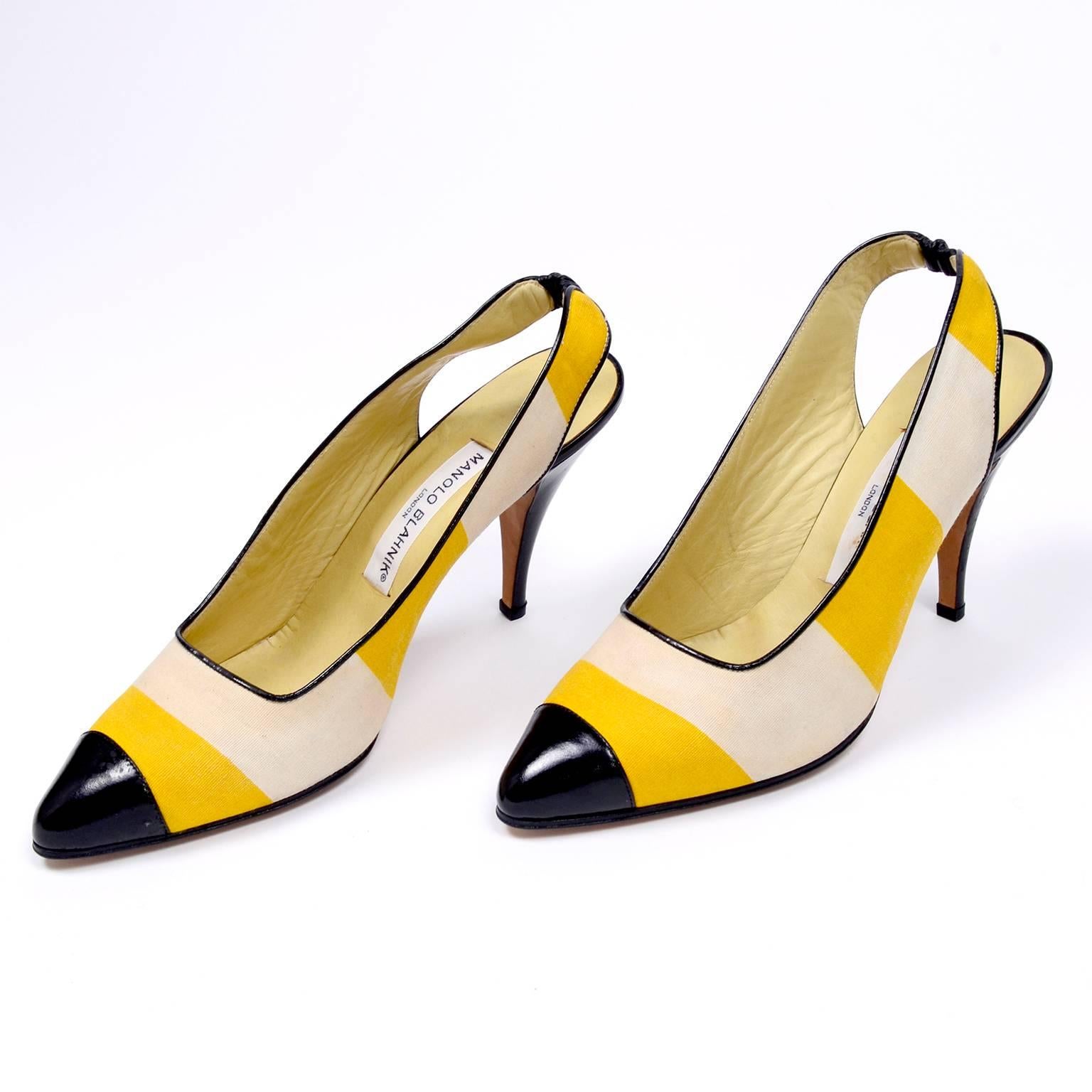 Orange Manolo Blahnik Yellow and Cream Stripe Black Patent Leather Heeled Shoes, 1980s