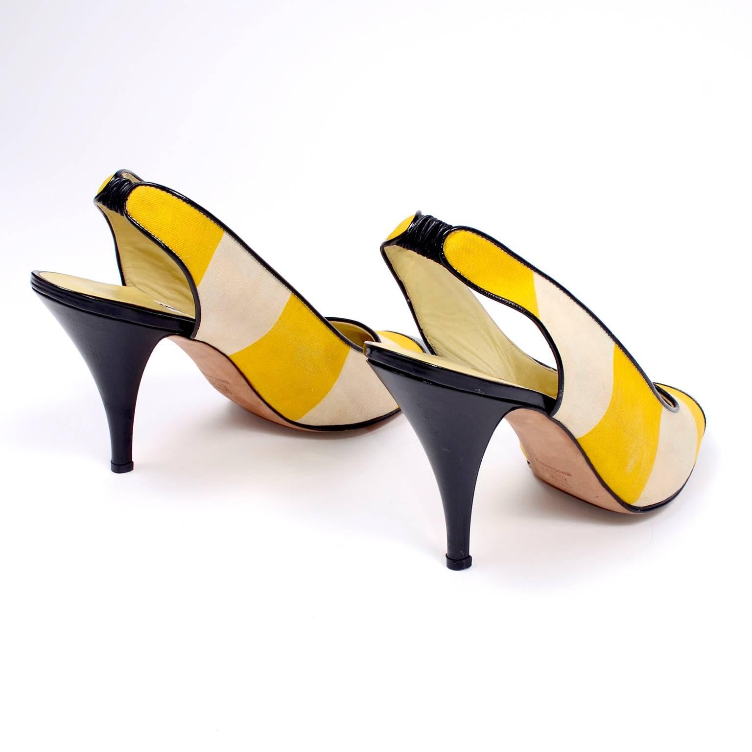 Manolo Blahnik Yellow and Cream Stripe Black Patent Leather Heeled Shoes, 1980s In Good Condition In Portland, OR