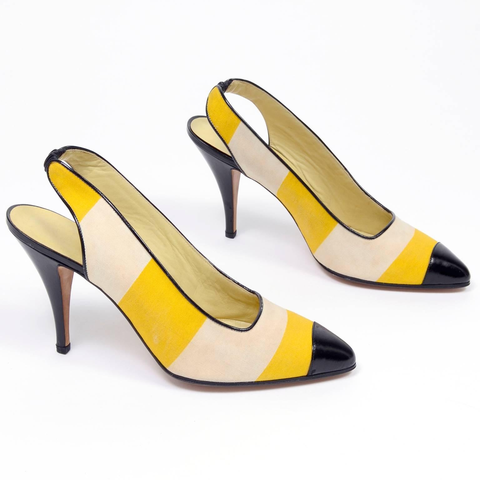 Women's Manolo Blahnik Yellow and Cream Stripe Black Patent Leather Heeled Shoes, 1980s
