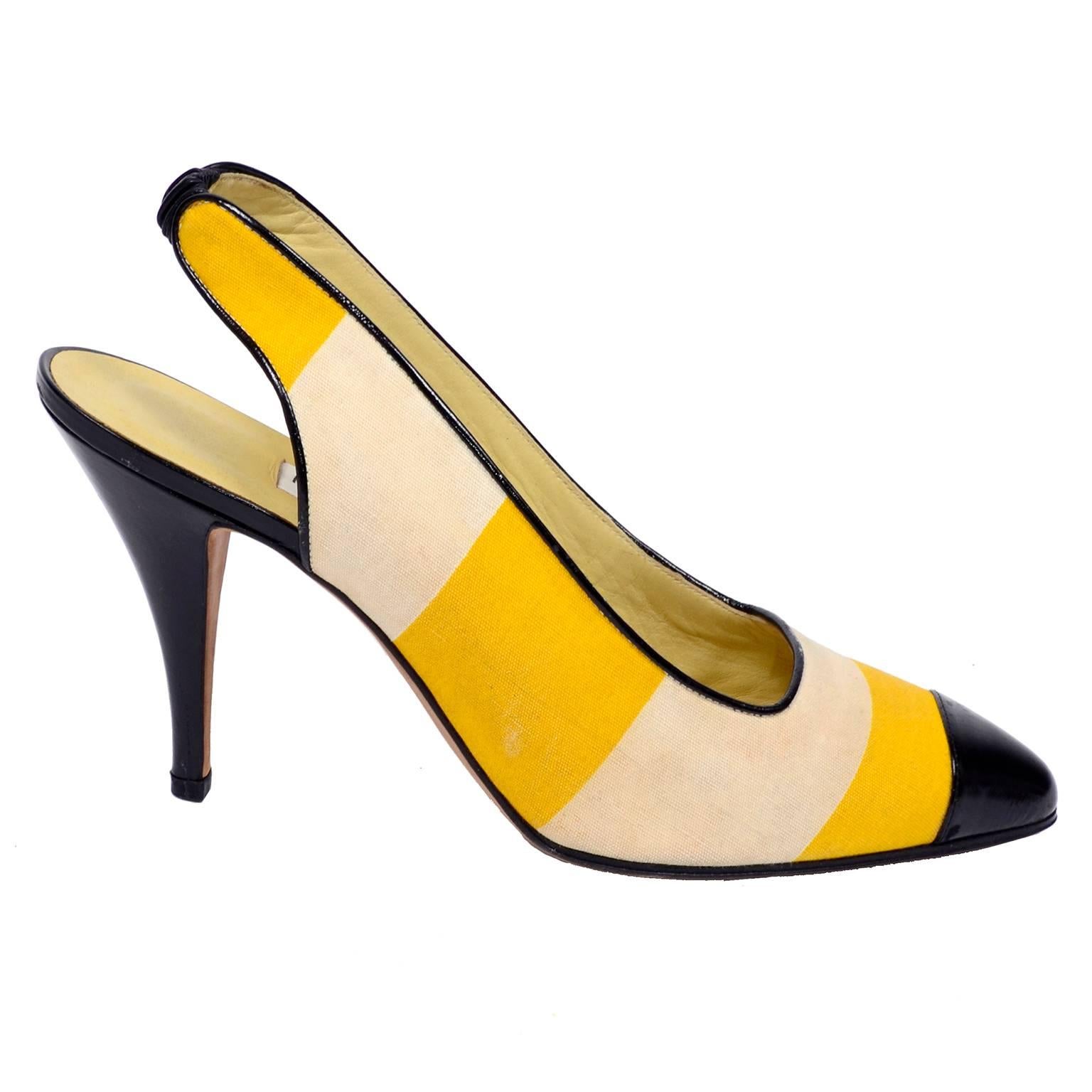 Manolo Blahnik Yellow and Cream Stripe Black Patent Leather Heeled Shoes, 1980s 3