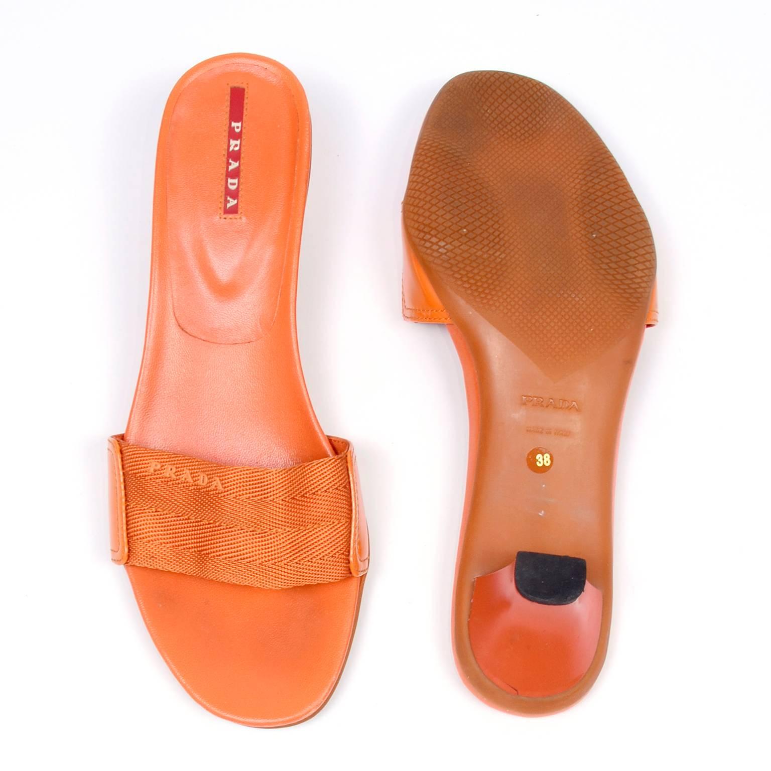 Women's Orange Prada Shoes Slip on Summer Sandals Size 38 Logo Webbing & Rubber Soles