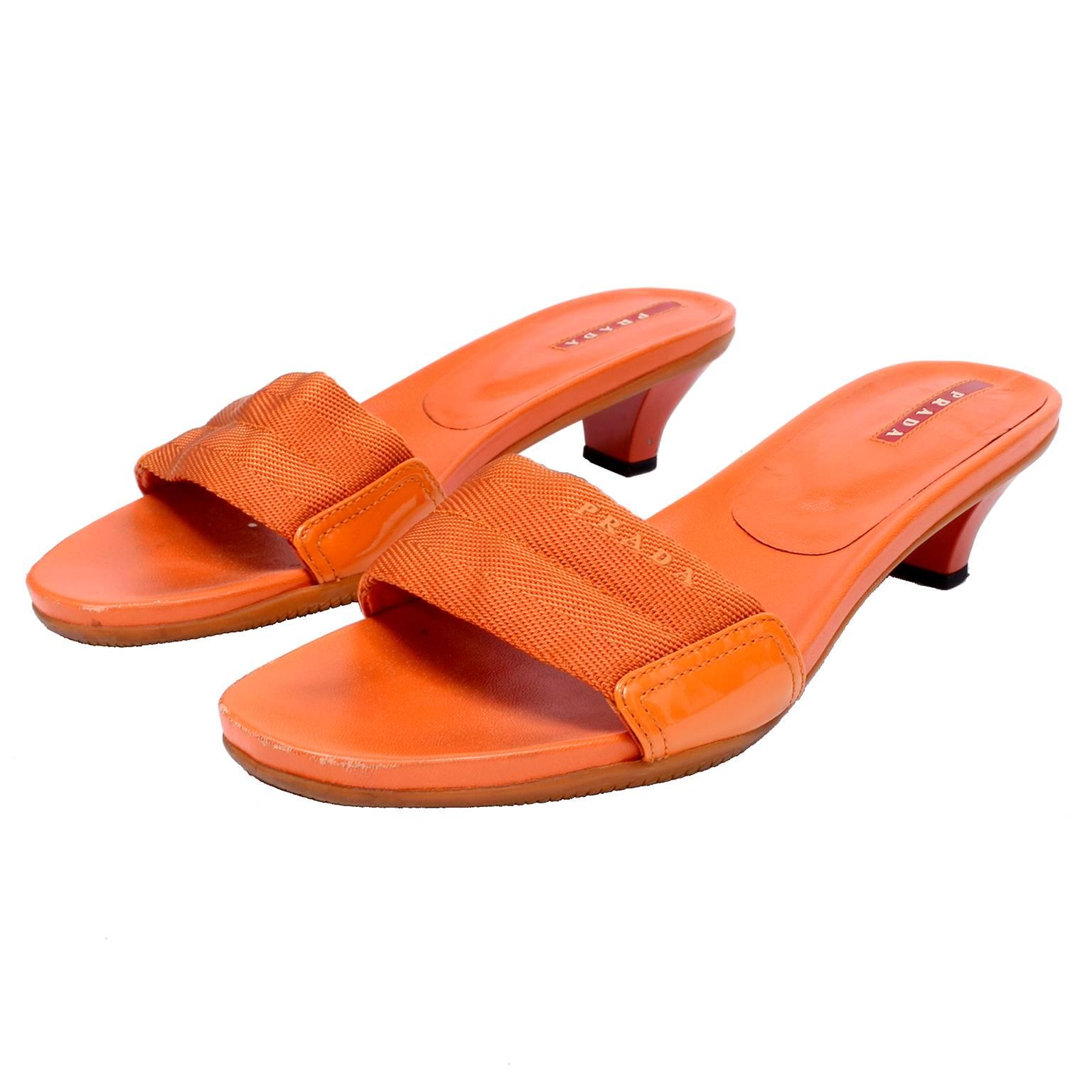 Orange Prada Shoes Slip on Summer Sandals Size 38 Logo Webbing & Rubber Soles